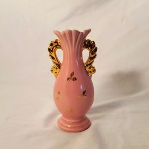 Vase Vintage Le Pere Pottery USA Pink Glaze Gold Leaf Collectible Bud Vase MCM